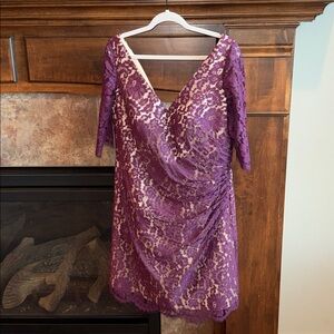 Aubergine purple lace elbow sleeve formal shirt dress Christina Wu size 14 *FLAW